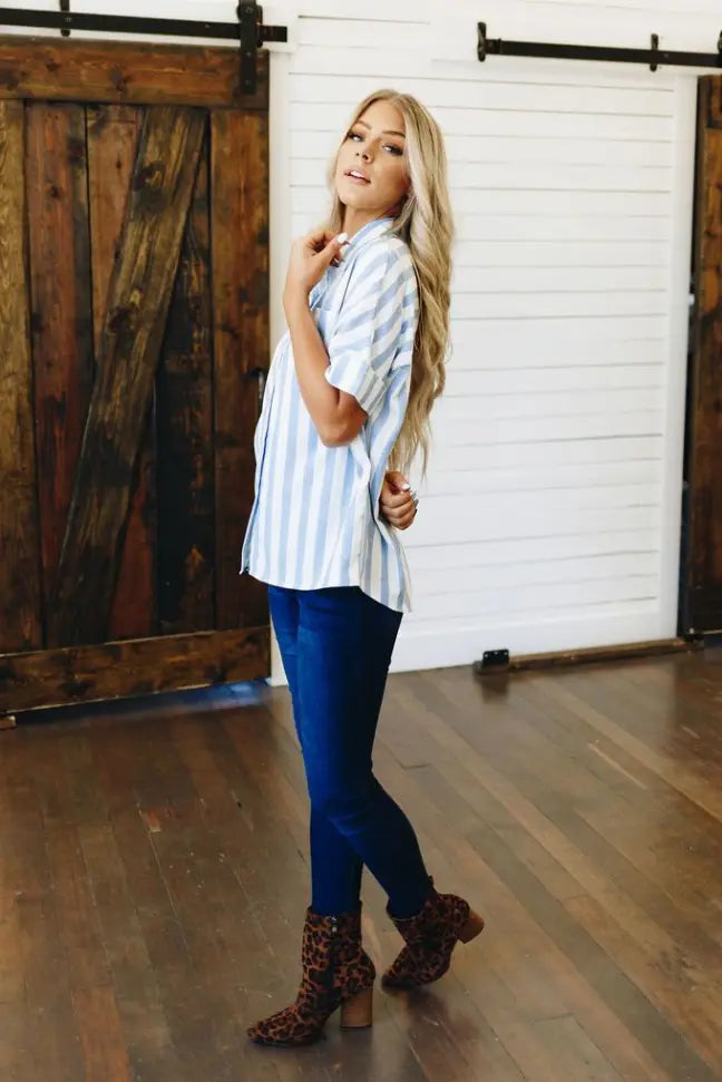 Fine Line Button Down Top Stay Warm in Style