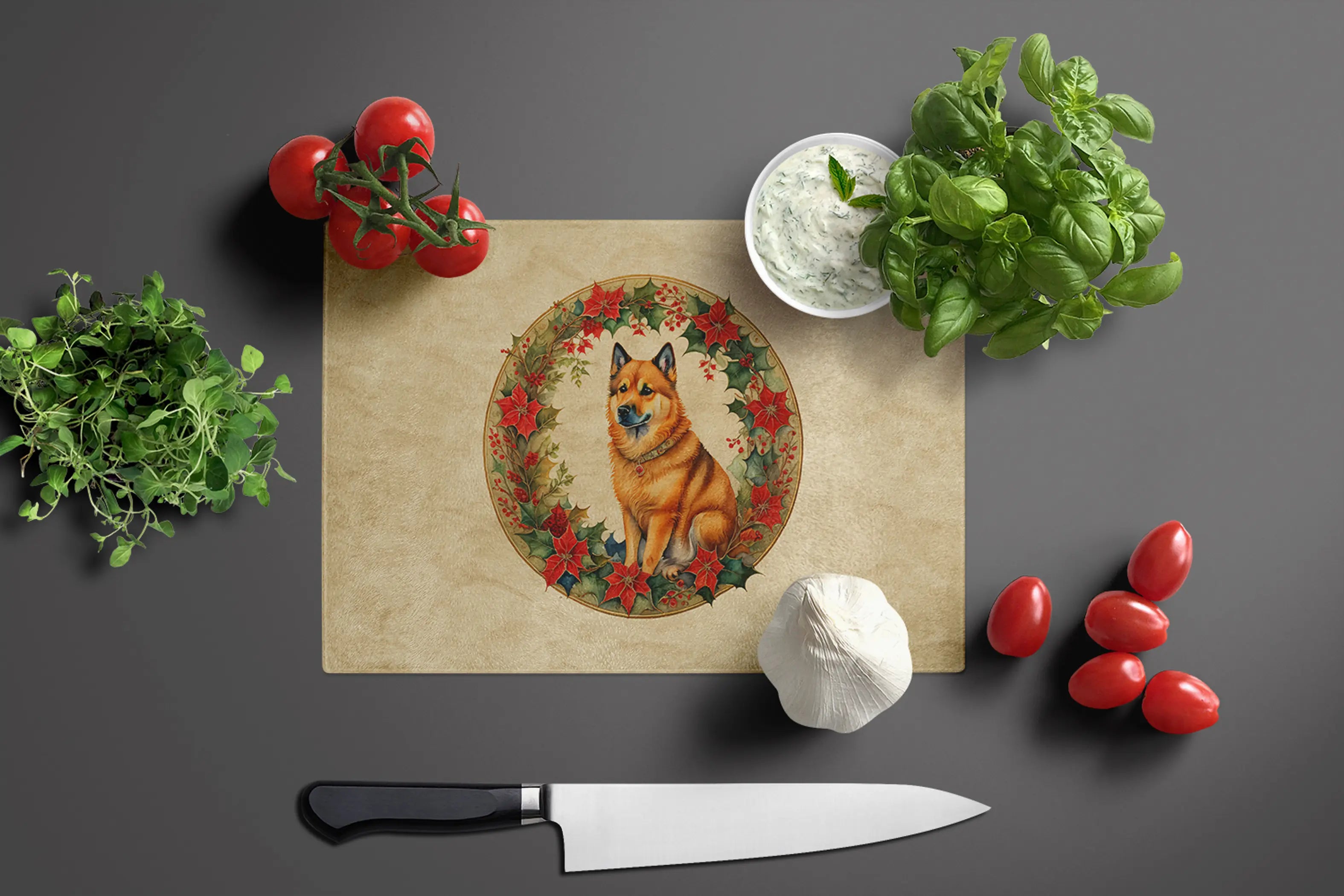Finnish Spitz Christmas Flowers Glass Cutting Board Caroline's Treasures