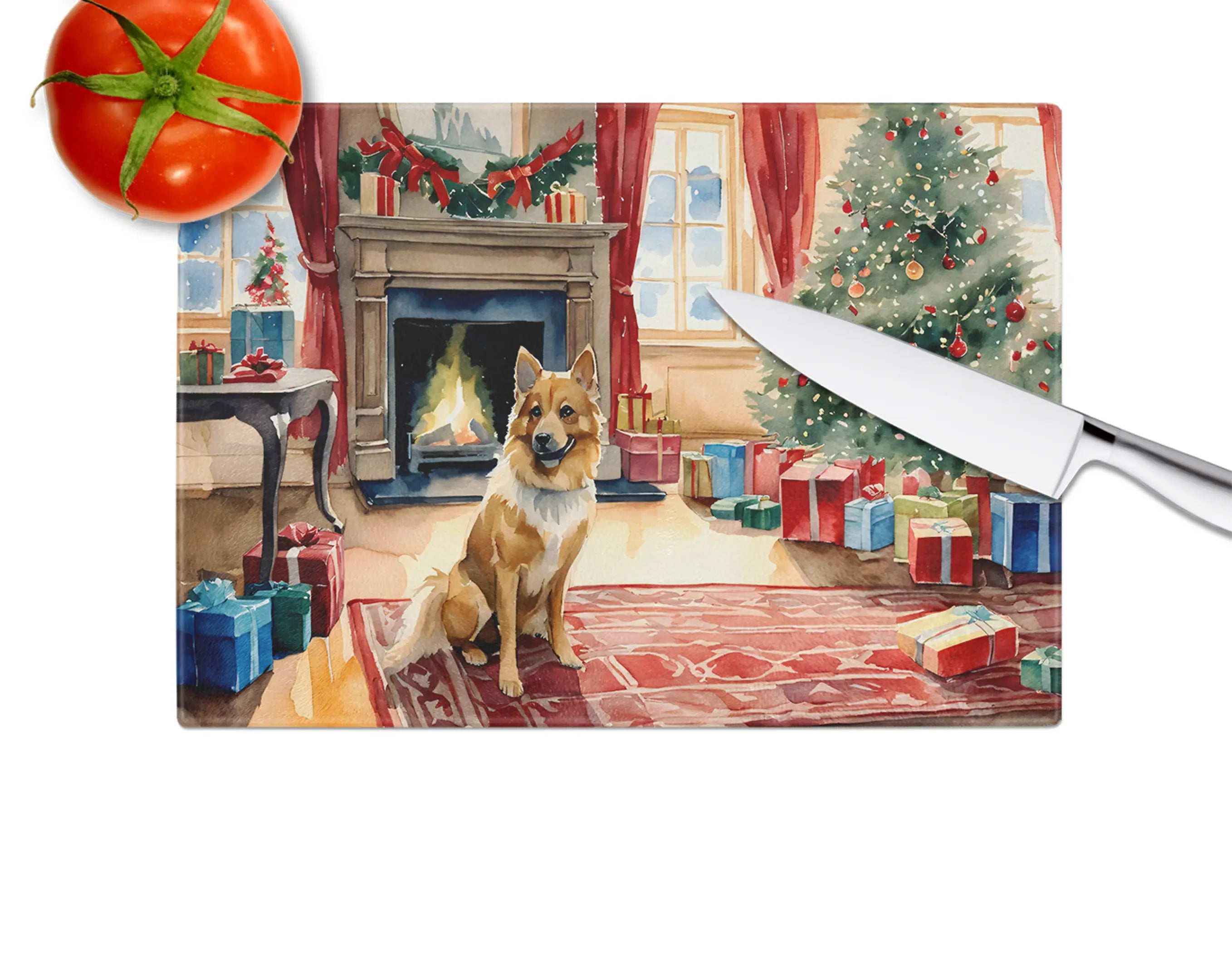 Finnish Spitz Cozy Christmas Glass Cutting Board Caroline's Treasures