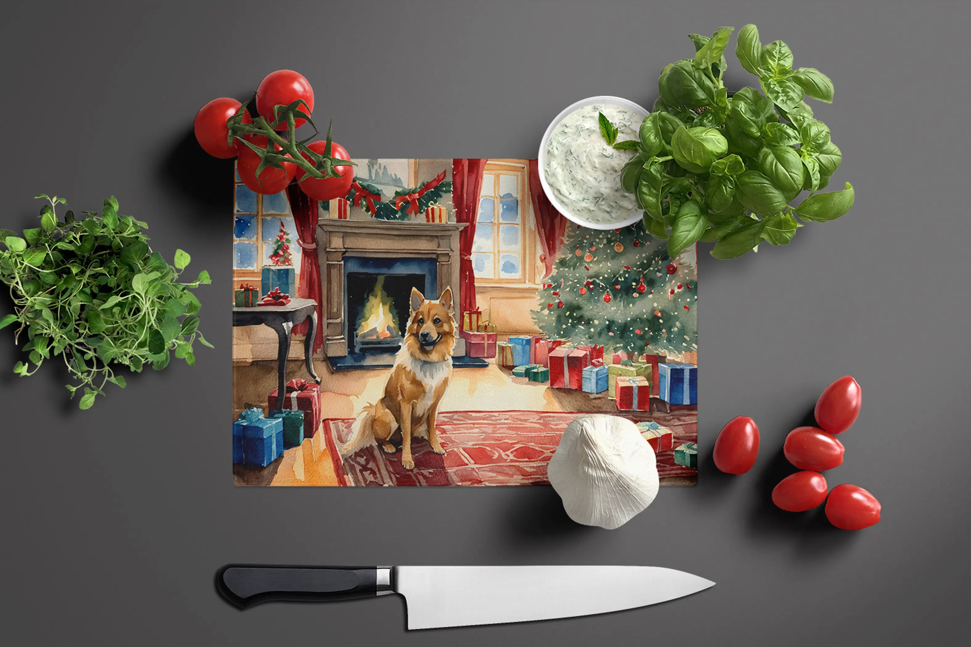 Finnish Spitz Cozy Christmas Glass Cutting Board Caroline's Treasures