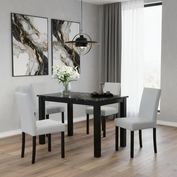 Five Piece Black Faux Marble Dining Set with Four Chairs - GreatEagleInc