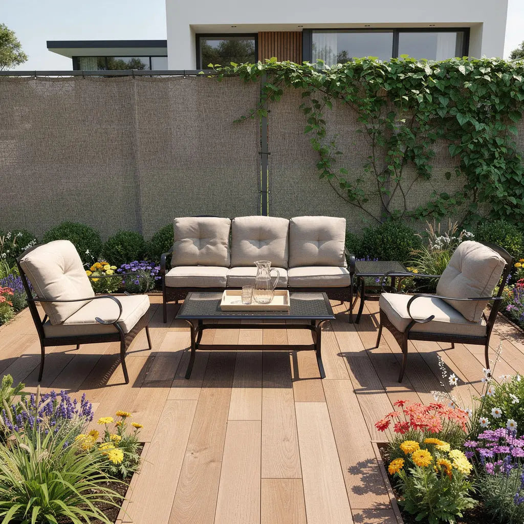 Five Piece Black and Beige Metal Sofa Seating Group With Table Homeroots Outdoor
