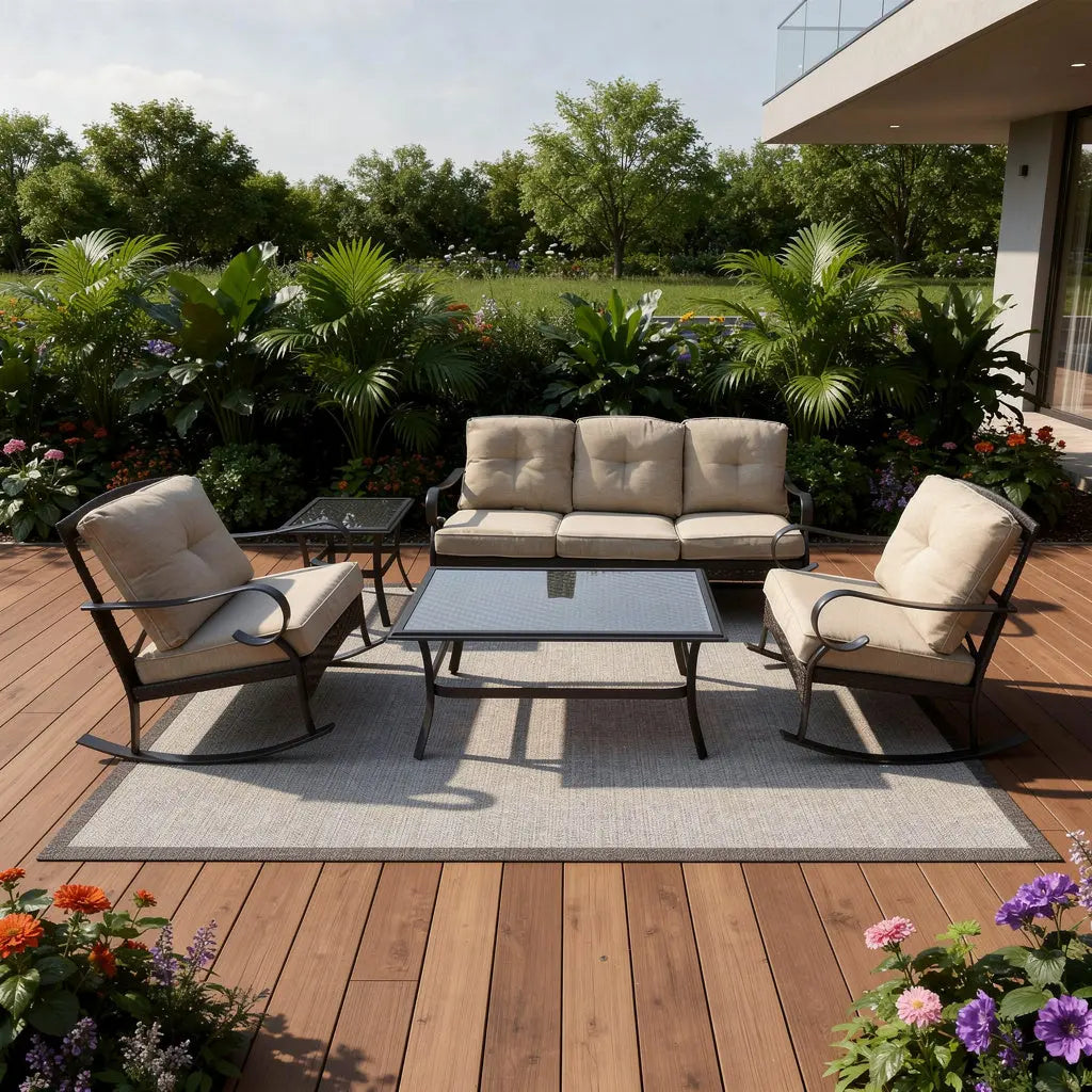 Five Piece Black and Beige Metal Sofa Seating Group With Table Homeroots Outdoor