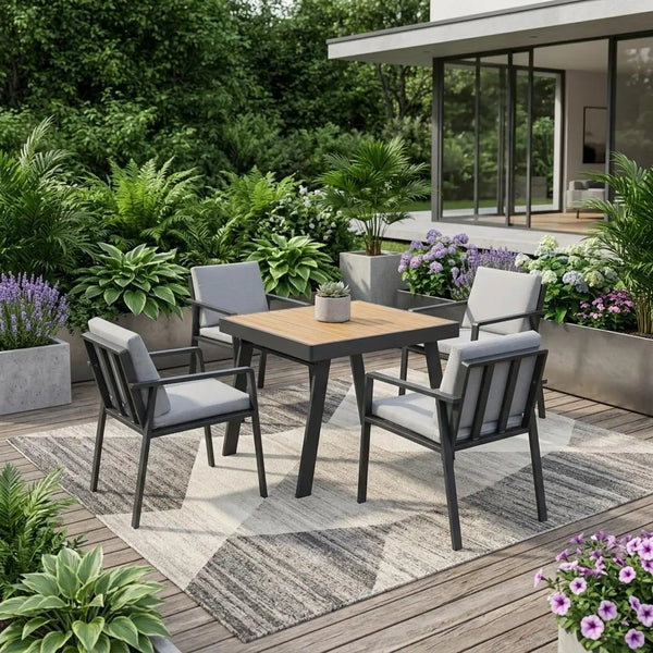 Five Piece Brown Square Metal Dining Set with Four Chairs Homeroots Outdoor