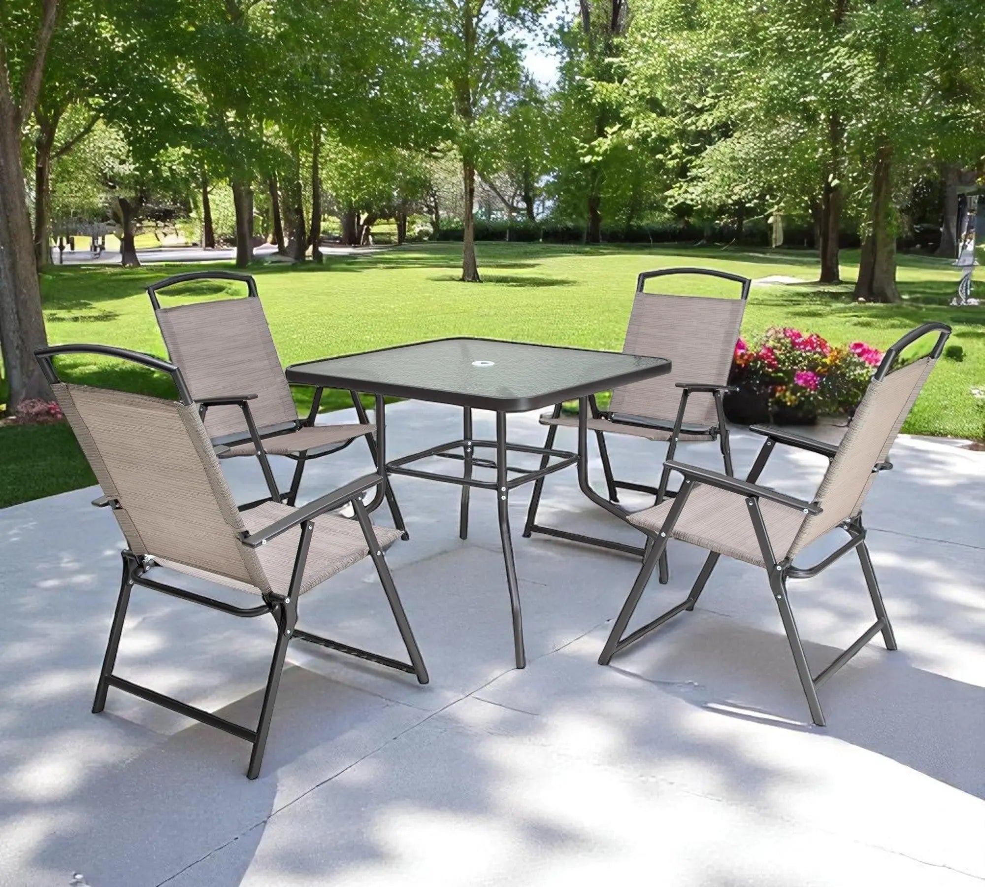 Five Piece Clear and Black Square Glass Dining Set with Four Chairs Homeroots Outdoor