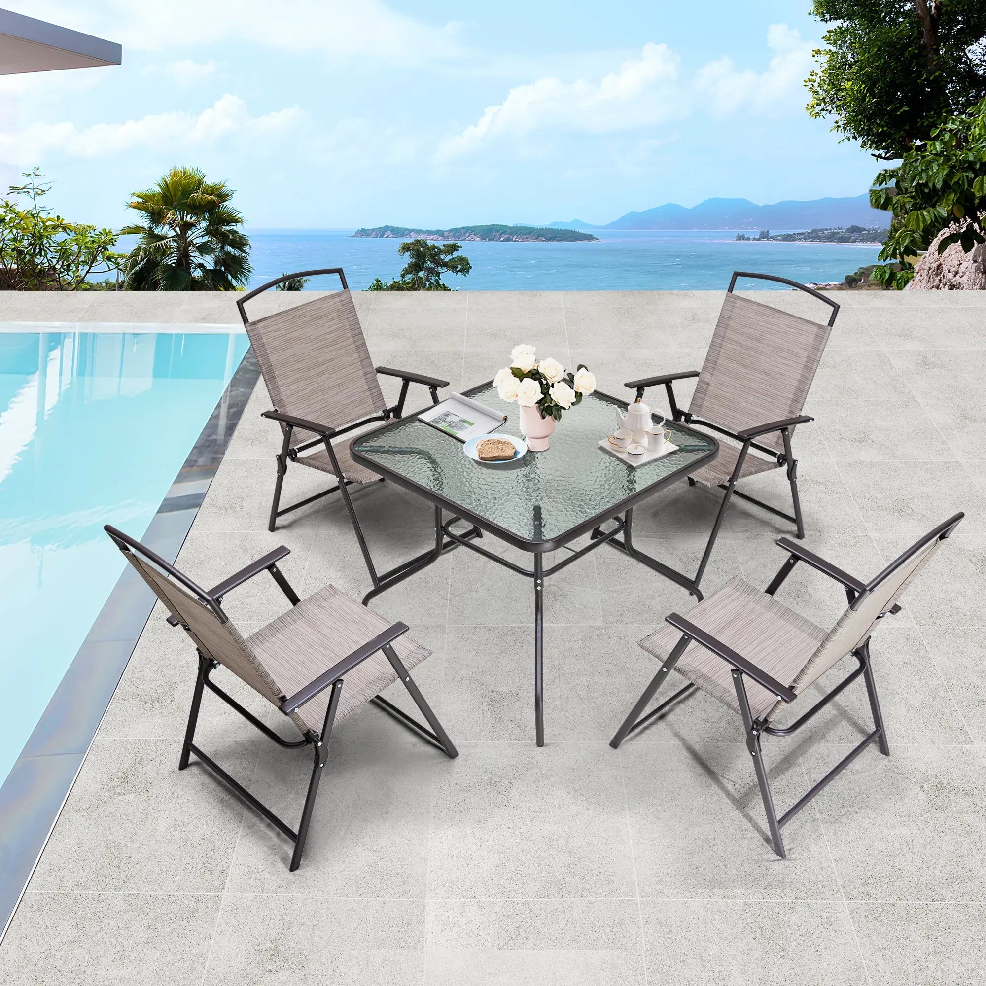 Five Piece Clear and Black Square Glass Dining Set with Four Chairs Homeroots Outdoor