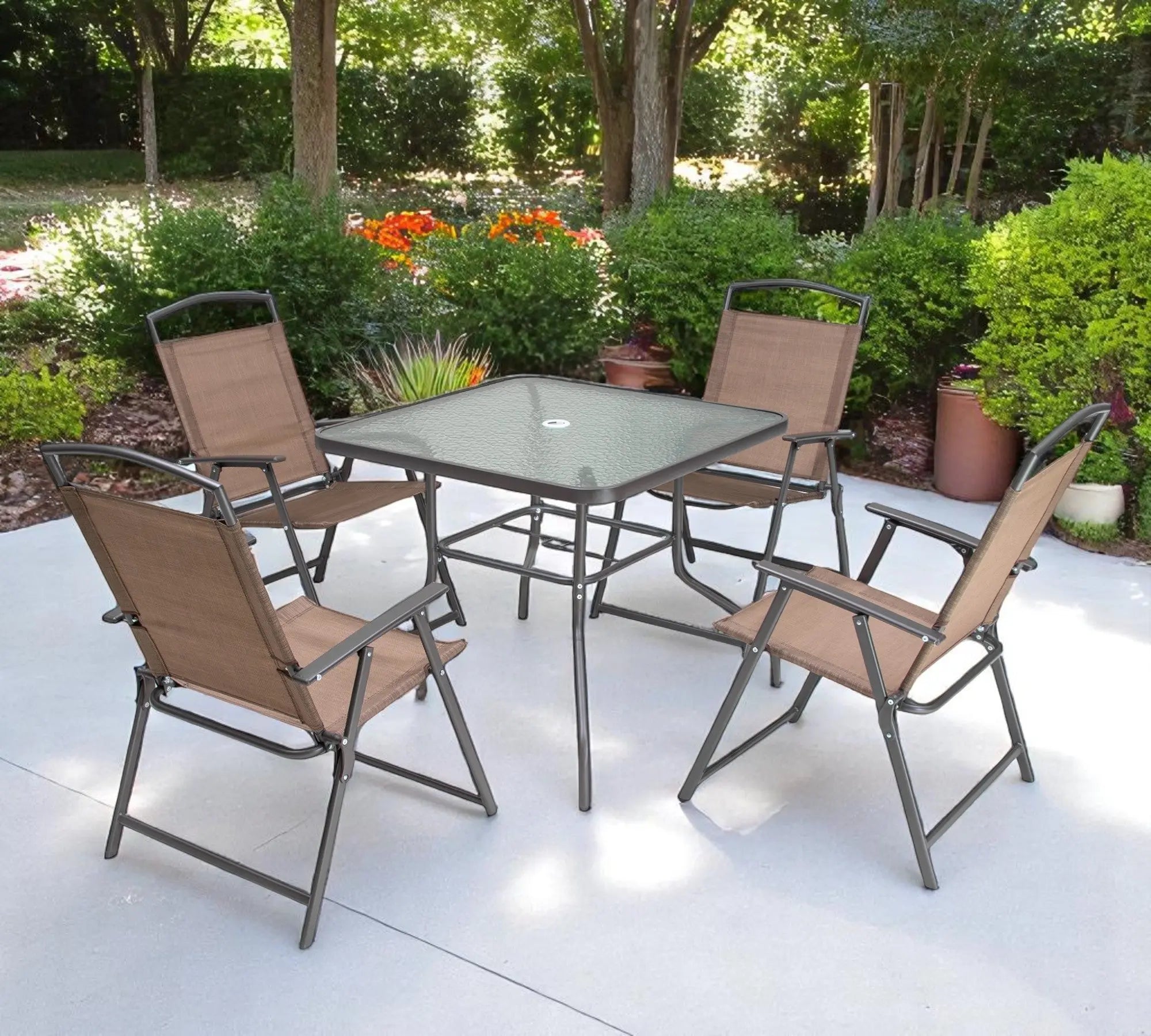 Five Piece Clear and Brown Square Glass Dining Set with Four Chairs Homeroots Outdoor