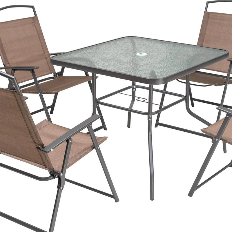 Five Piece Clear and Brown Square Glass Dining Set with Four Chairs Homeroots Outdoor