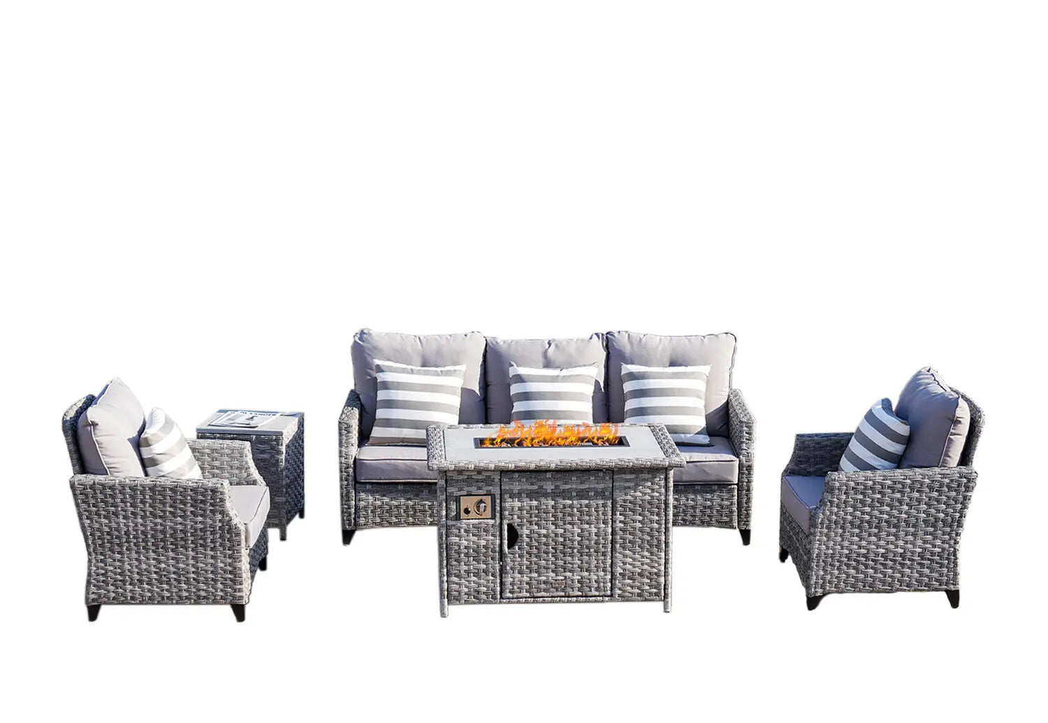 Five Piece Gray Rattan Sofa Seating Group With Fire Pit And Table Homeroots Outdoor