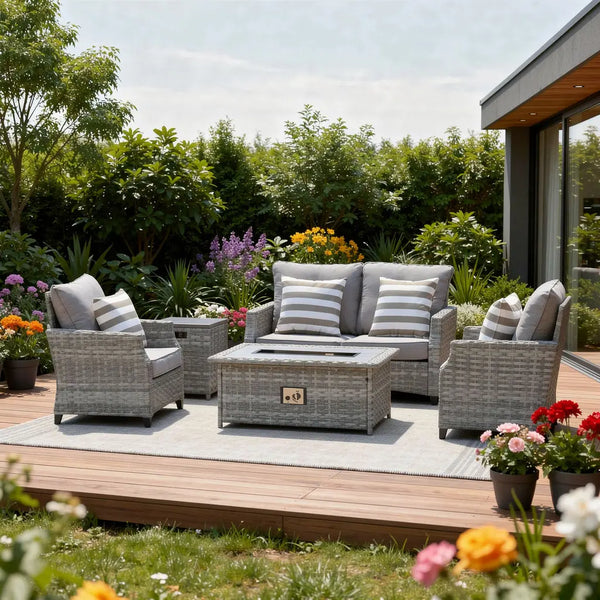 Five Piece Gray Rattan Sofa Seating Group With Fire Pit And Table Homeroots Outdoor
