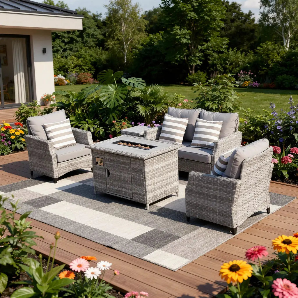 Five Piece Gray Rattan Sofa Seating Group With Fire Pit And Table Homeroots Outdoor