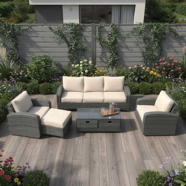 Five Piece Gray and Beige Wicker Sofa Seating Group With Table Homeroots Outdoor