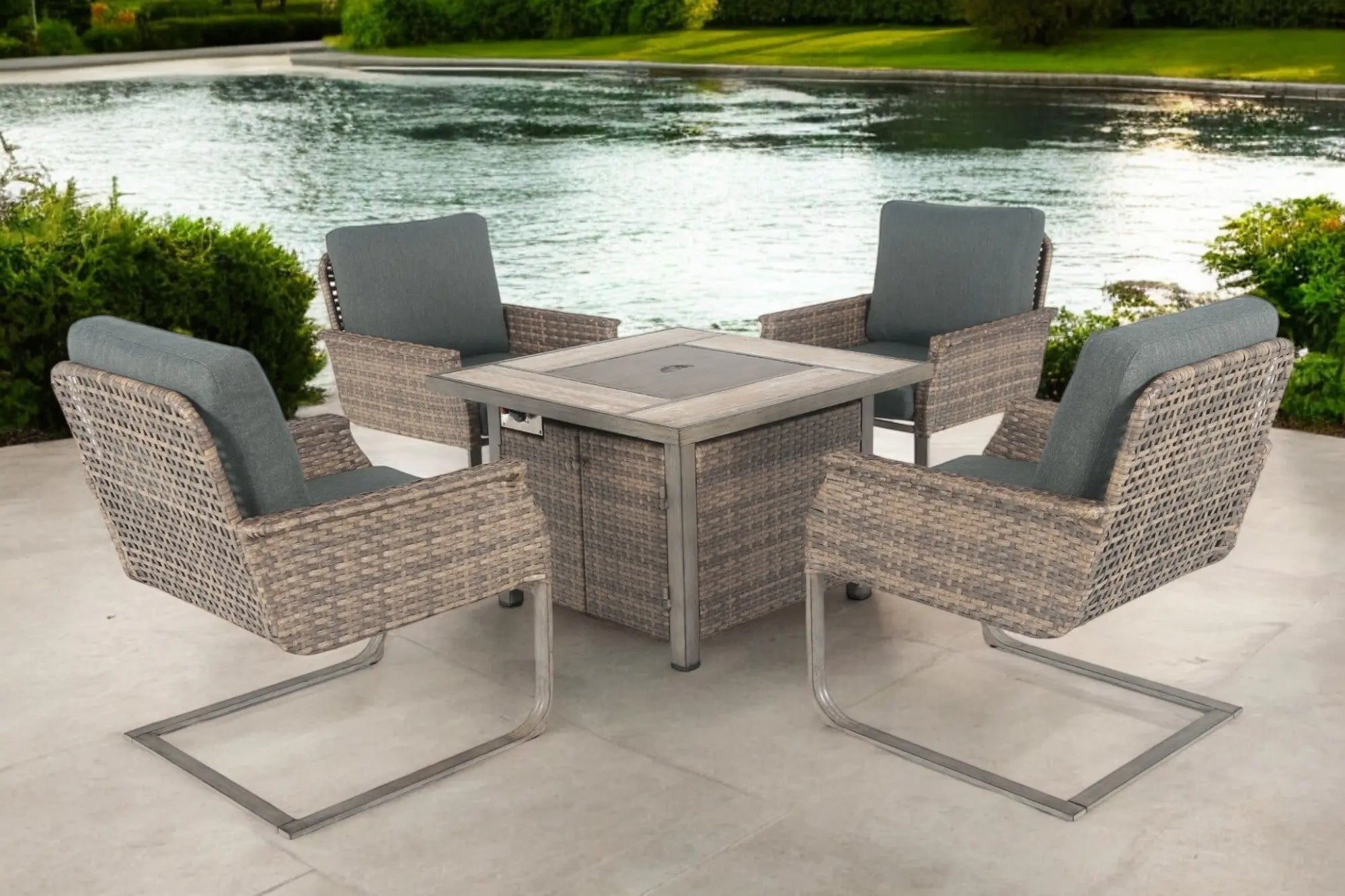 Five Piece Gray and Moss Green Wicker Upholstered Cushions Outdoor Patio Set With Fire Pit And Table Homeroots Outdoor