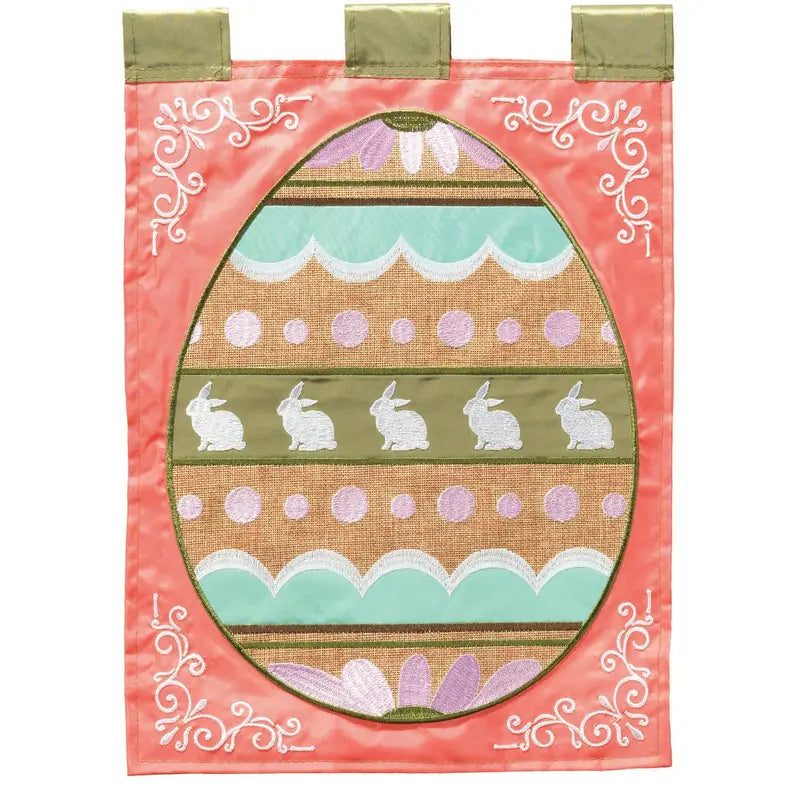Pastel Easter egg flag with bunnies, floral patterns, and coral trim, made from durable fabric for festive outdoor decor.