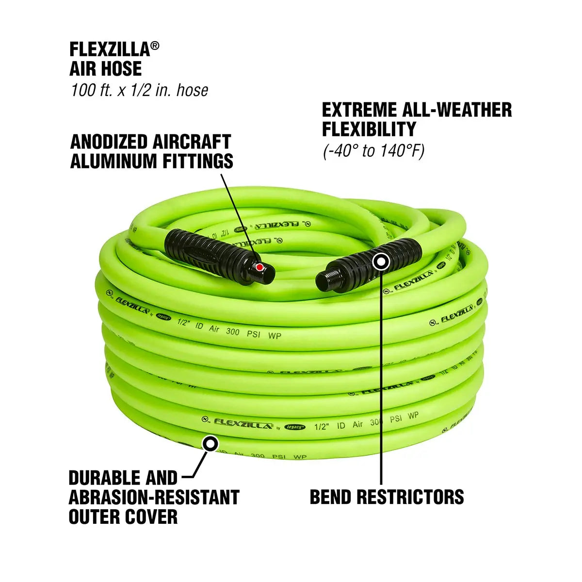Flexzilla Heavy Duty Light Weight Air Hose 1/2" X 100' With 1/2" Mnpt Fittings FLEXZILLA