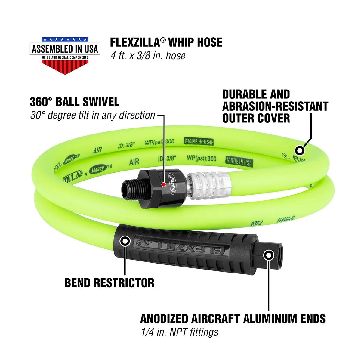 Flexzilla Heavy Duty Lightweight Whip Hose With Ball Swivel 3/8" X 4' FLEXZILLA