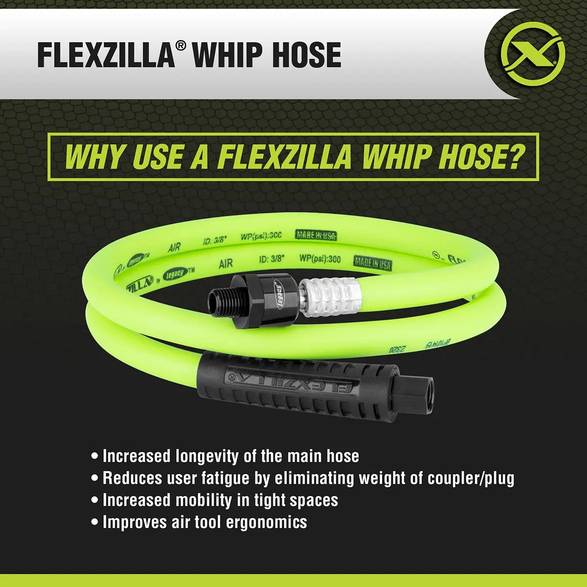 Flexzilla Heavy Duty Lightweight Whip Hose With Ball Swivel 3/8" X 4' FLEXZILLA