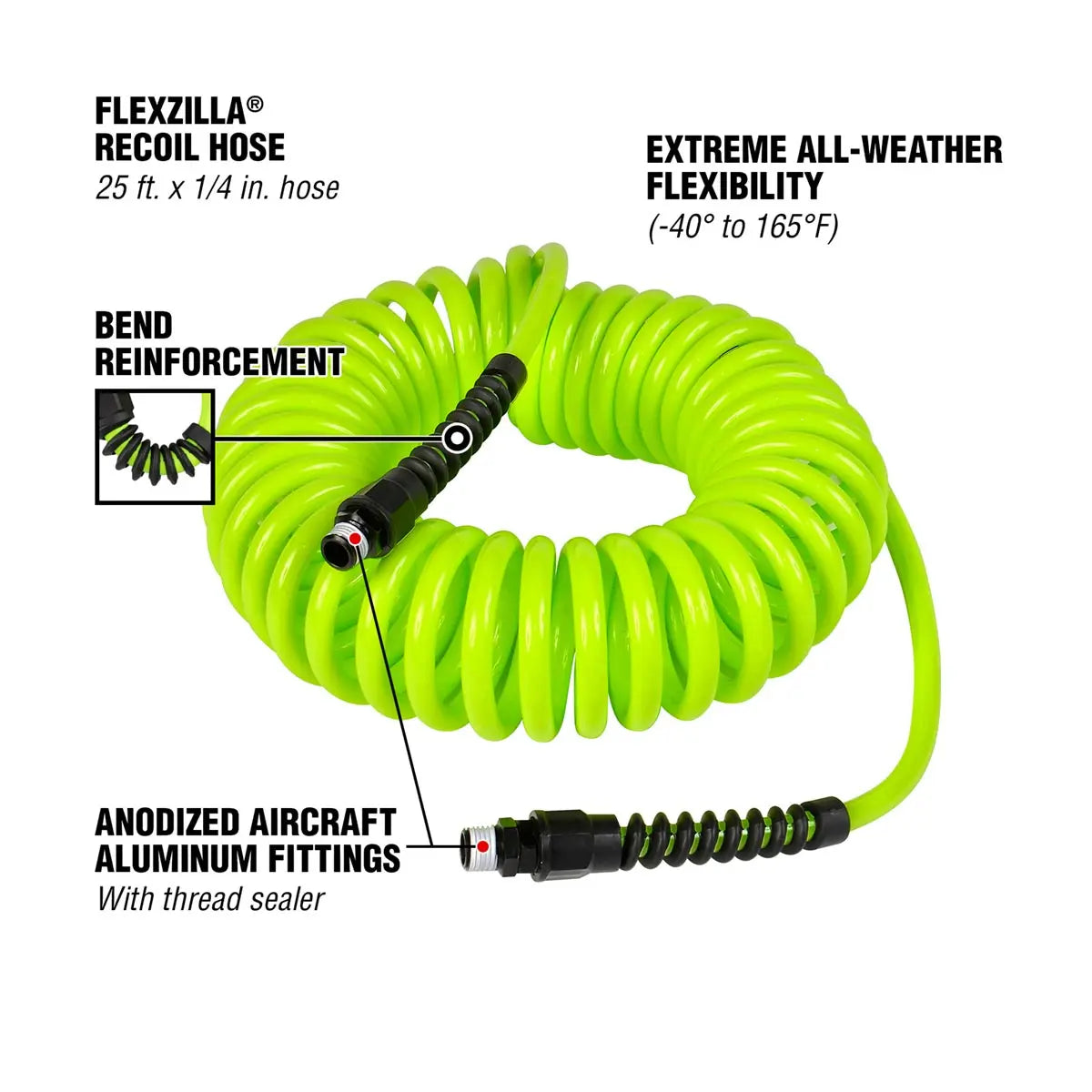 Flexzilla Polyurethane Recoil Hose: 1/4" X 25' With 1/4in With Mnpt Fittings FLEXZILLA
