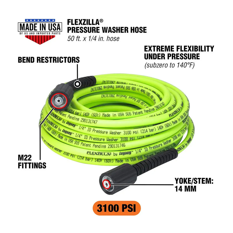 Flexzilla Pressure Washer Hose 1/4" X 50" With M22 Fittings FLEXZILLA