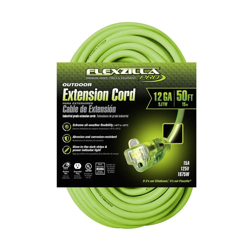 Flexzilla Pro Extension Cord 12/3 Awg Sjtw 50ft Outdoor Lighted Plug FLEXZILLA