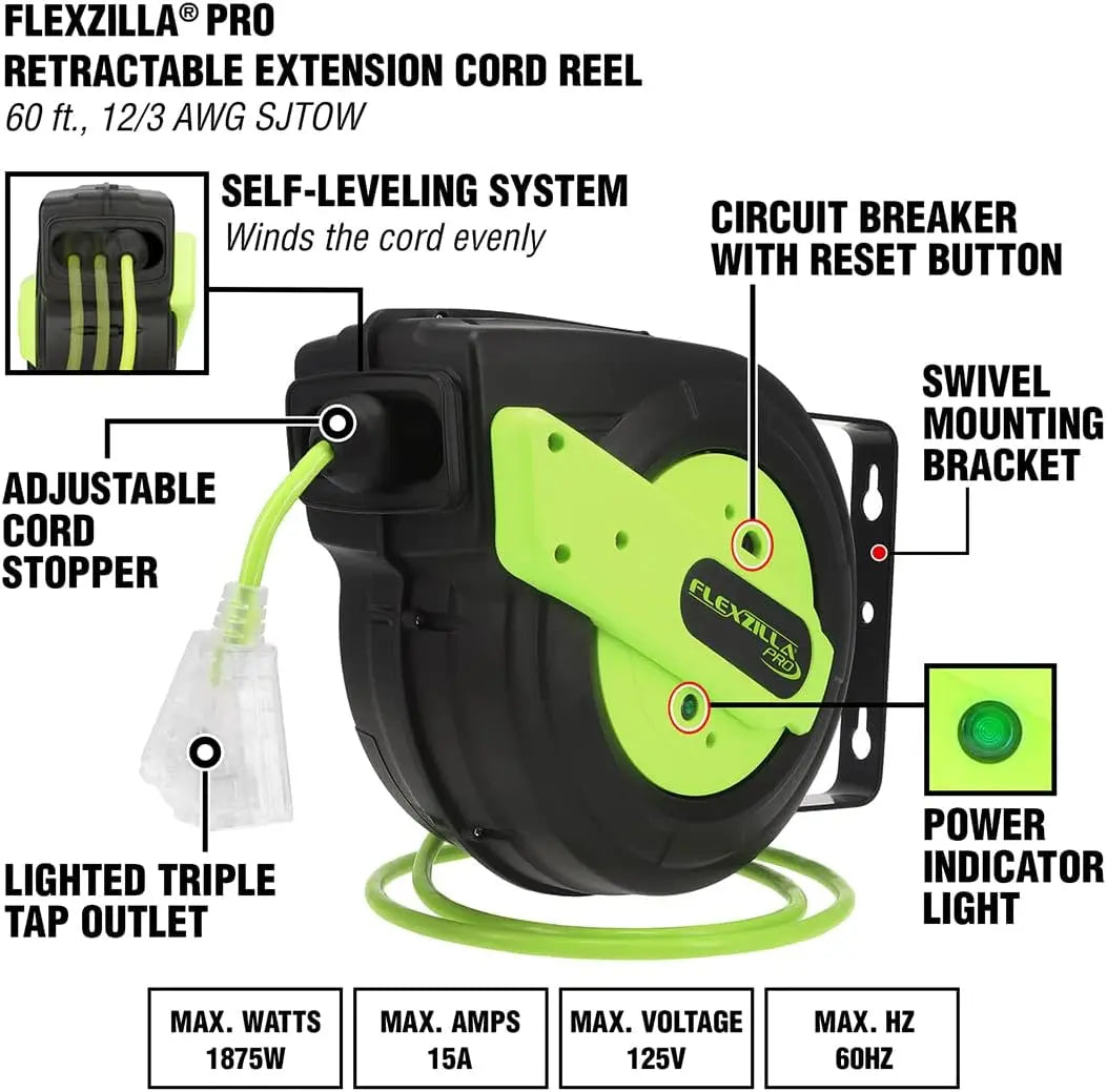 Flexzilla Pro Retractable 60' 12/3awg Extension Cord Reel FLEXZILLA
