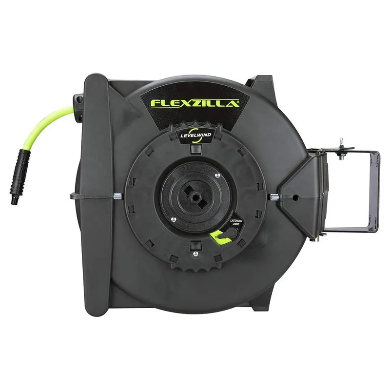 Flexzilla 50ft retractable garden hose reel, black housing with neon green hose, durable and stylish for outdoor use.
