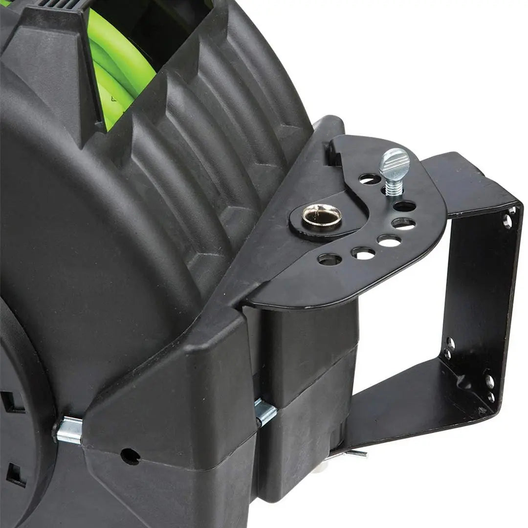 Black retractable garden hose reel with green hose, durable plastic construction, designed for easy wall mounting.