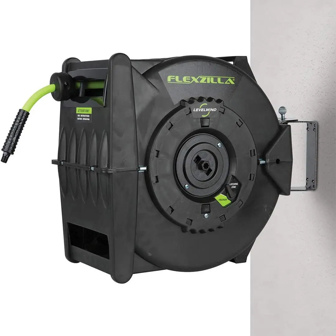Flexzilla 50 ft. retractable garden hose reel, black and green, wall-mounted with durable materials for easy watering.