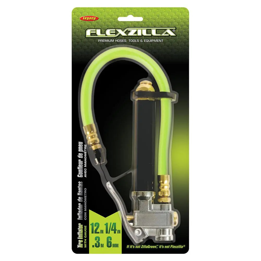 Flexzilla tire inflator, green rubber hose, brass connectors, durable design for efficient tire inflation. 12" length.