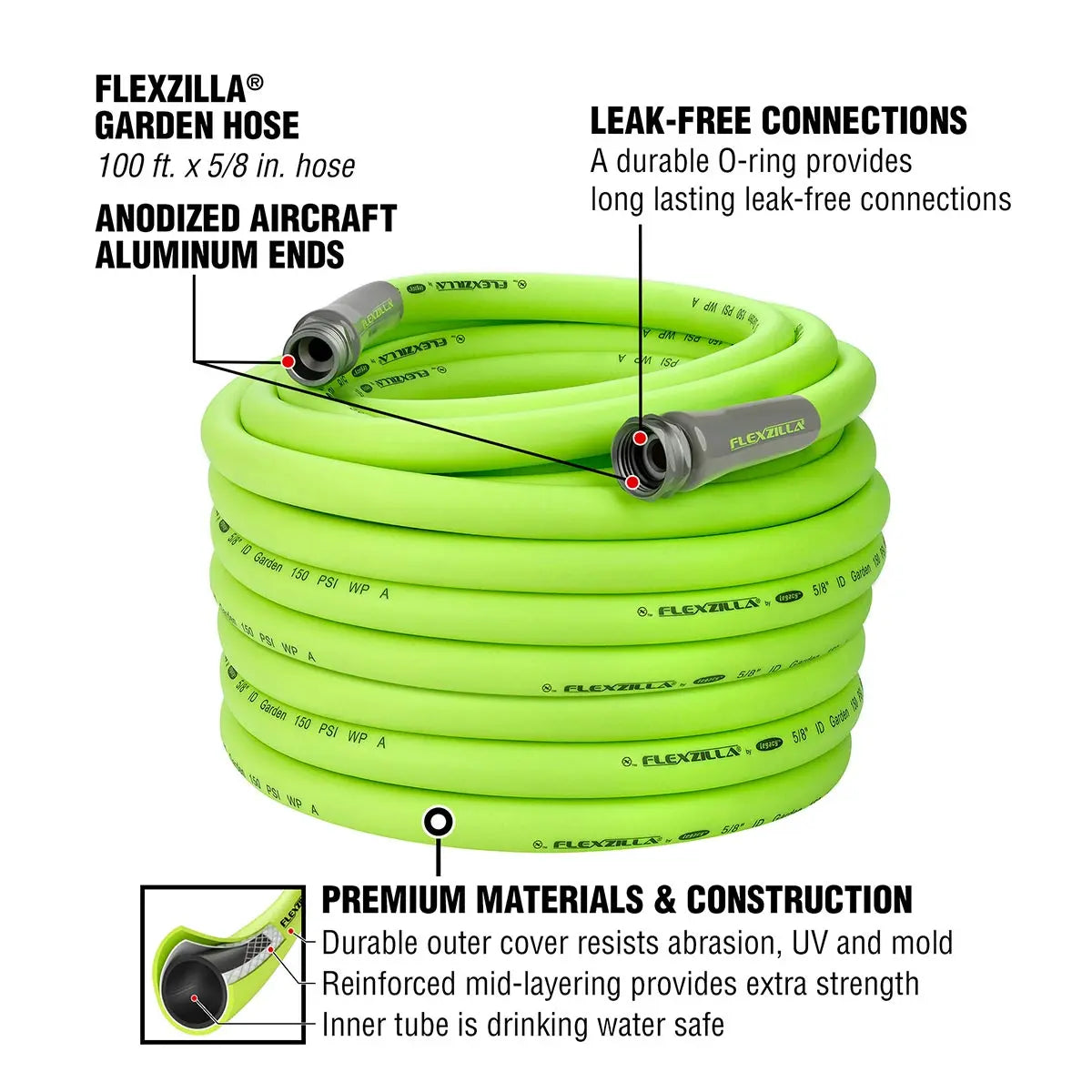 Flexzilla® Garden Hose 3/4" X 100' 3/4" - 11 1/2 Ght Fittings Zillagreen® FLEXZILLA
