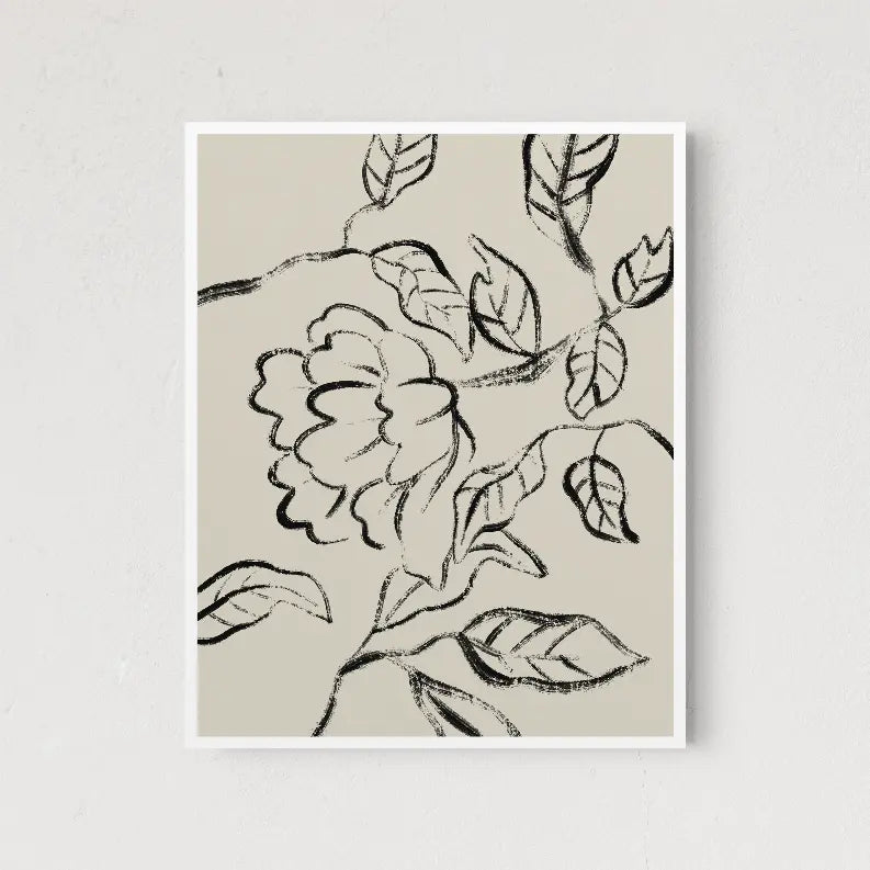 Black and white floral art print on beige background, featuring a sketchy rose and leafy design.