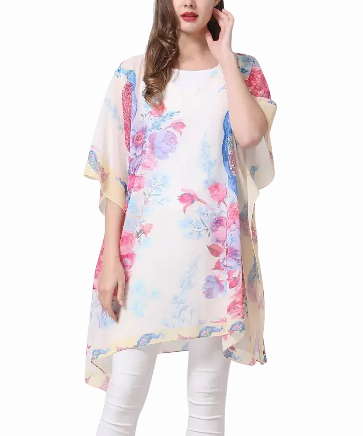 Floral Peacock Border-Accent V Neck Tunic JC Sunny Fashion