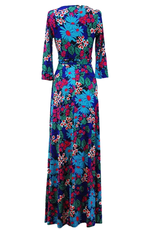 Floral Print 3/4 Sleeves Maxi Wrap Long Dress Blue SurelyMine