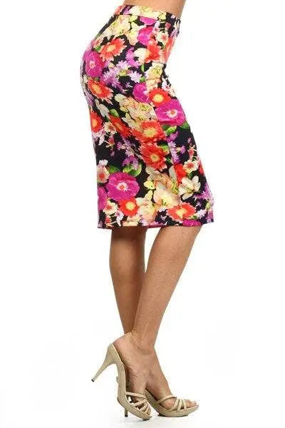 Floral Print Fitted Pencil Skirt With a High Waist Black Pink SurelyMine