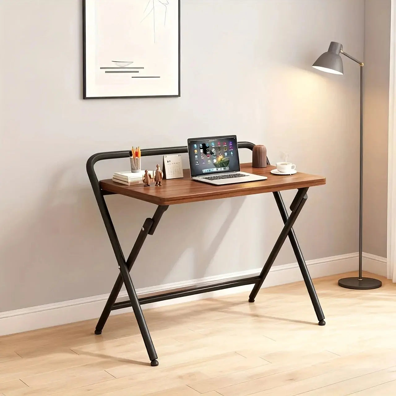 Folding computer desk, simple and modern home desk, small apartment study/office desk, wrought iron and solid wood grain GreatEagleInc