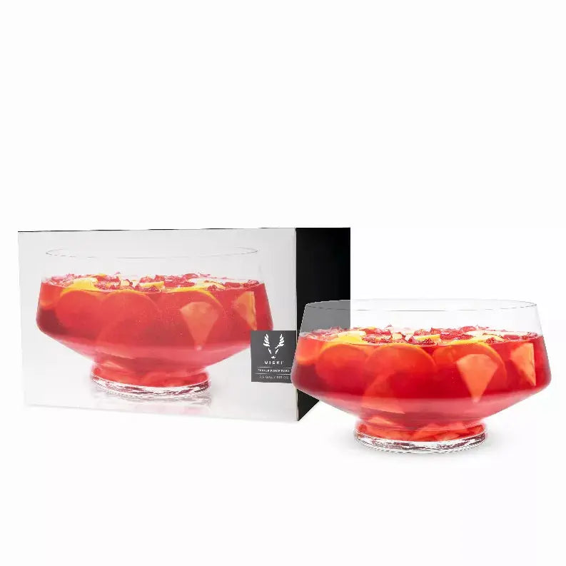 Elegant red glass punch bowl with a wide, flared rim, perfect for serving fruity beverages. Includes stylish packaging.