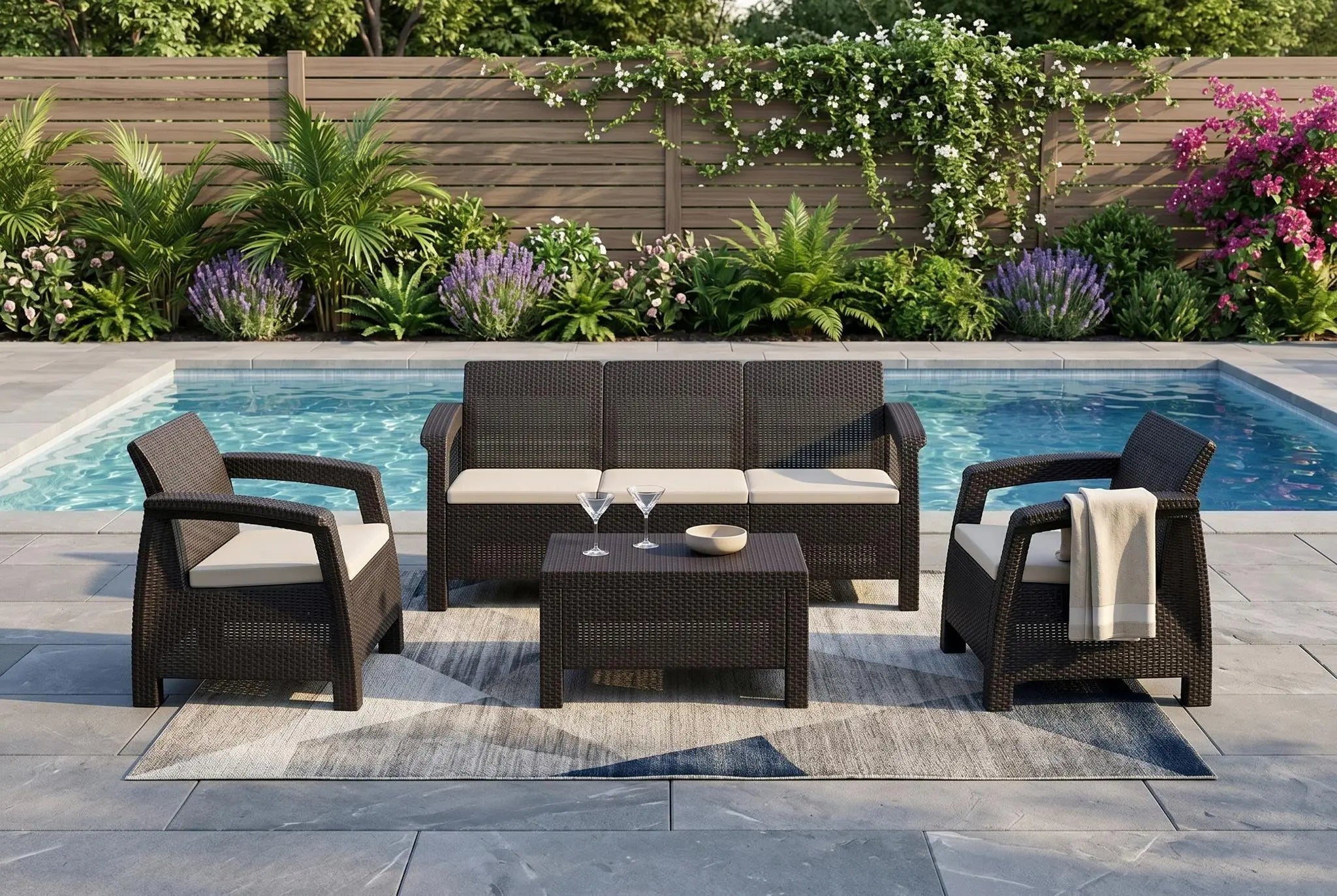 Four Piece Espresso and Beige Plastic Upholstered Cushions Outdoor Patio Set With Table Homeroots Outdoor