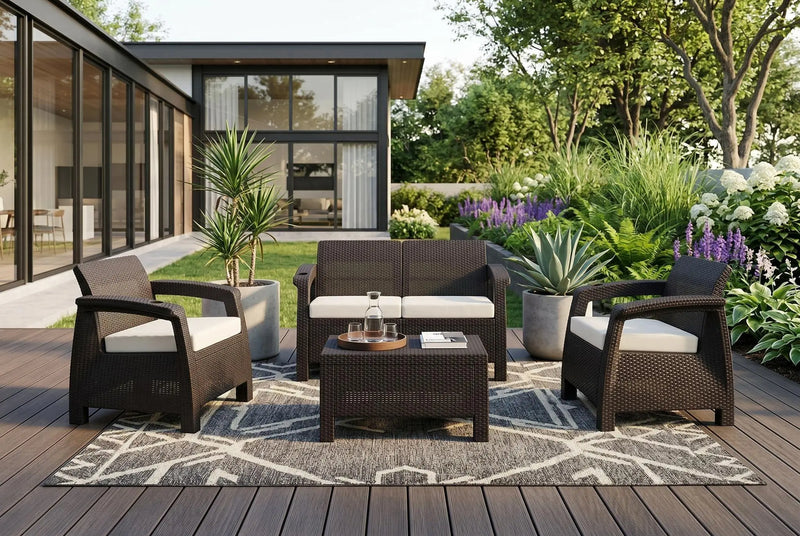 Four Piece Espresso and Beige Plastic Upholstered Cushions Outdoor Patio Set With Table Homeroots Outdoor