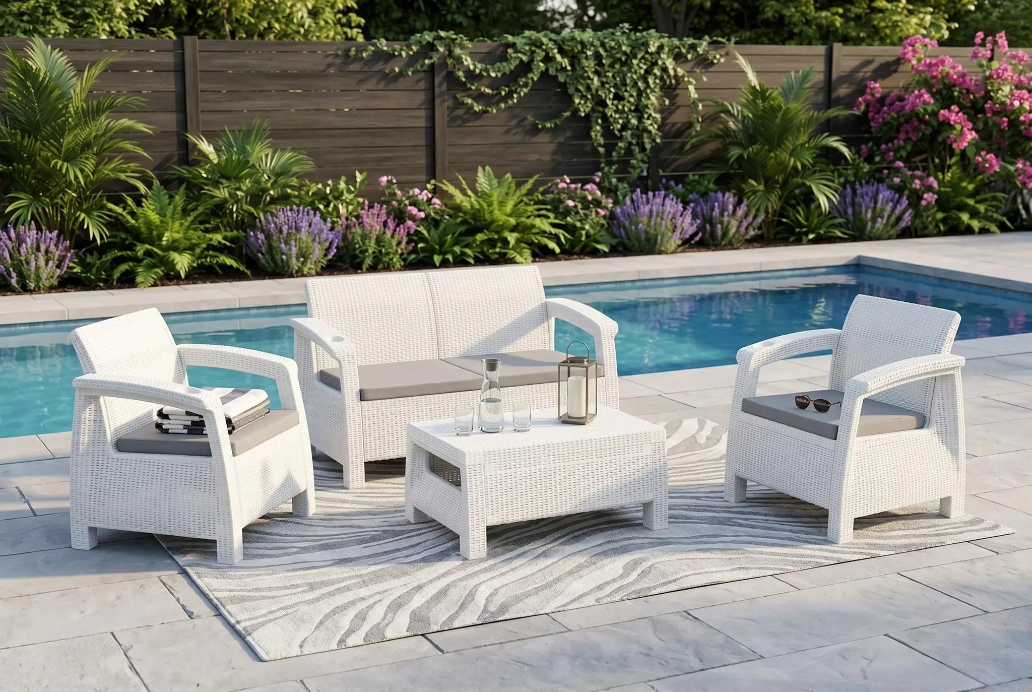 Four Piece White and Beige Plastic Upholstered Cushions Outdoor Patio Set With Table Homeroots Outdoor