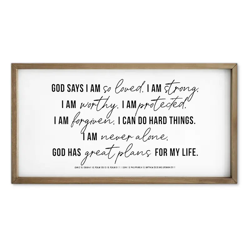 Framed inspirational wall art in white and gold, featuring uplifting text on love, strength, and purpose.