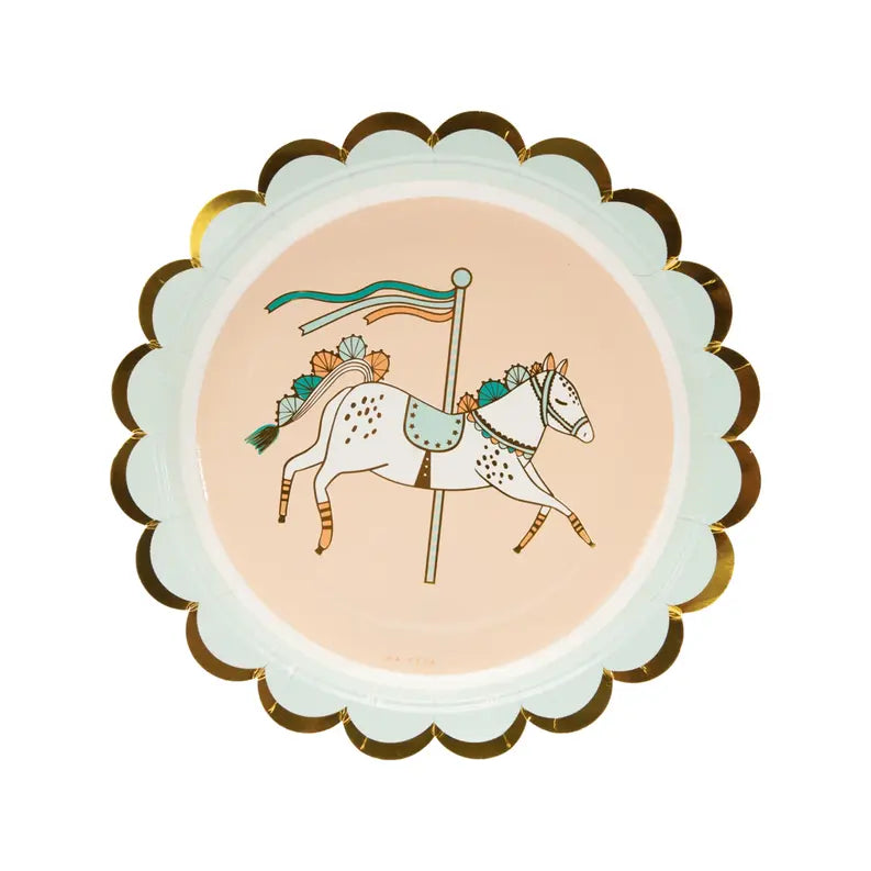 Pink scalloped paper plate featuring a white carousel horse illustration, adorned with colorful flowers and a gold rim.