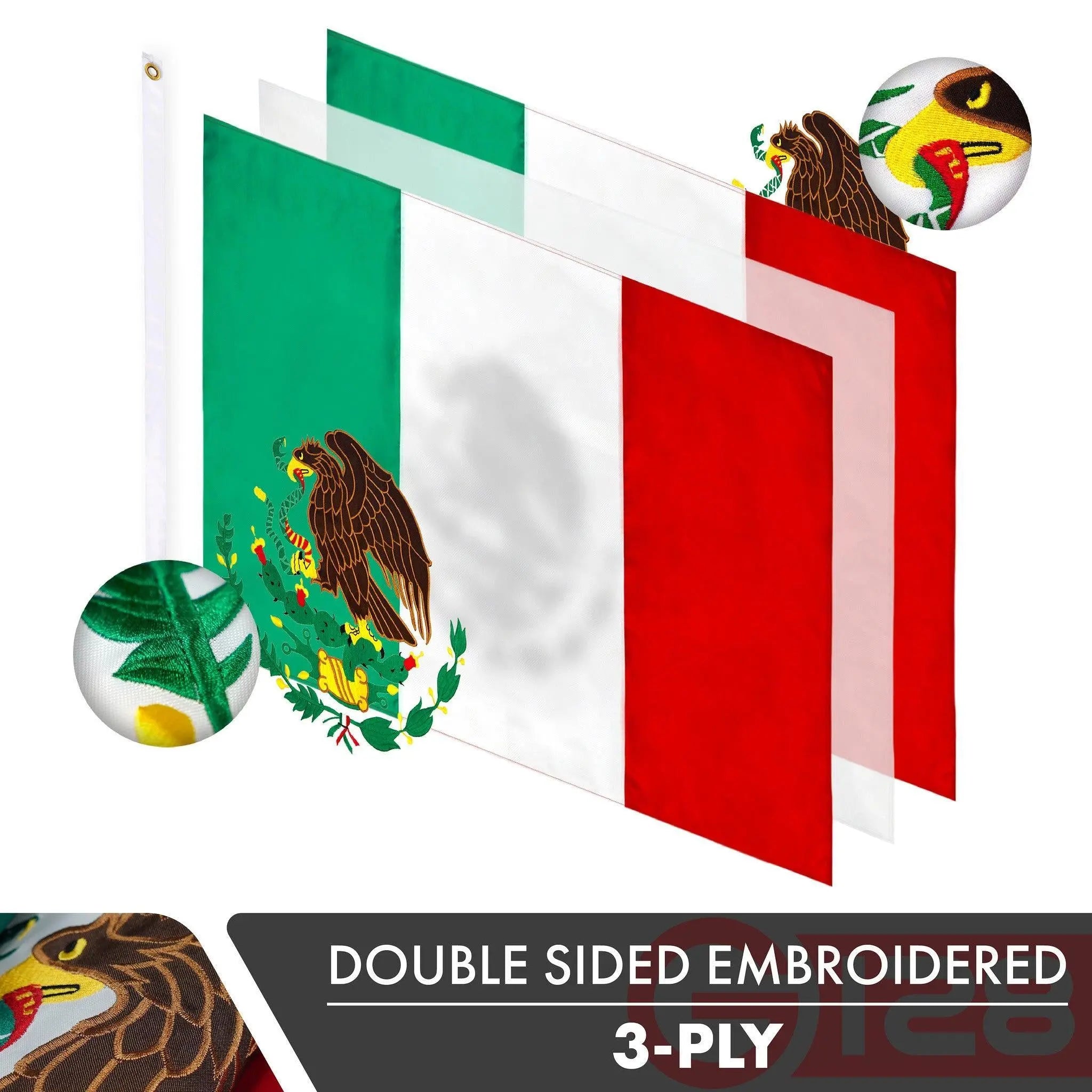G128 2 Pack: Mexico Mexican Flag | 6x10 Ft | Double ToughWeave Series Double Sided Embroidered 210D Polyester | Country Flag, Embroidered Design, Indoor/Outdoor, Brass Grommets, Heavy Duty, 3-ply G128