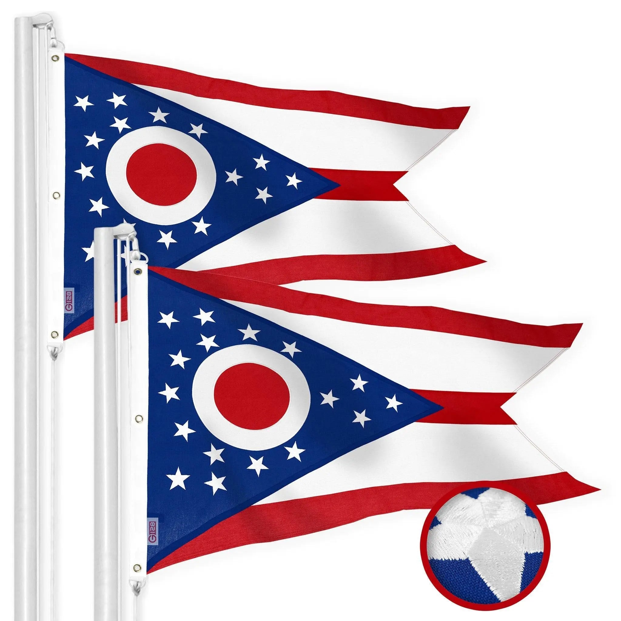 G128 2 Pack: Ohio OH State Flag | 5x8 Ft | StormFlyer Series Embroidered 220GSM Spun Polyester | Embroidered Design, Indoor/Outdoor, Brass Grommets, Heavy Duty, All Weather G128