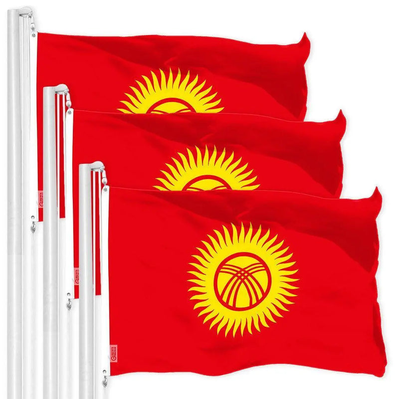 G128 3 Pack: Kyrgyzstan Kyrgyz Flag | 3x5 Ft | LiteWeave Pro Series Printed 150D Polyester | Country Flag, Indoor/Outdoor, Vibrant Colors, Brass Grommets, Thicker and More Durable Than 100D 75D Poly G128