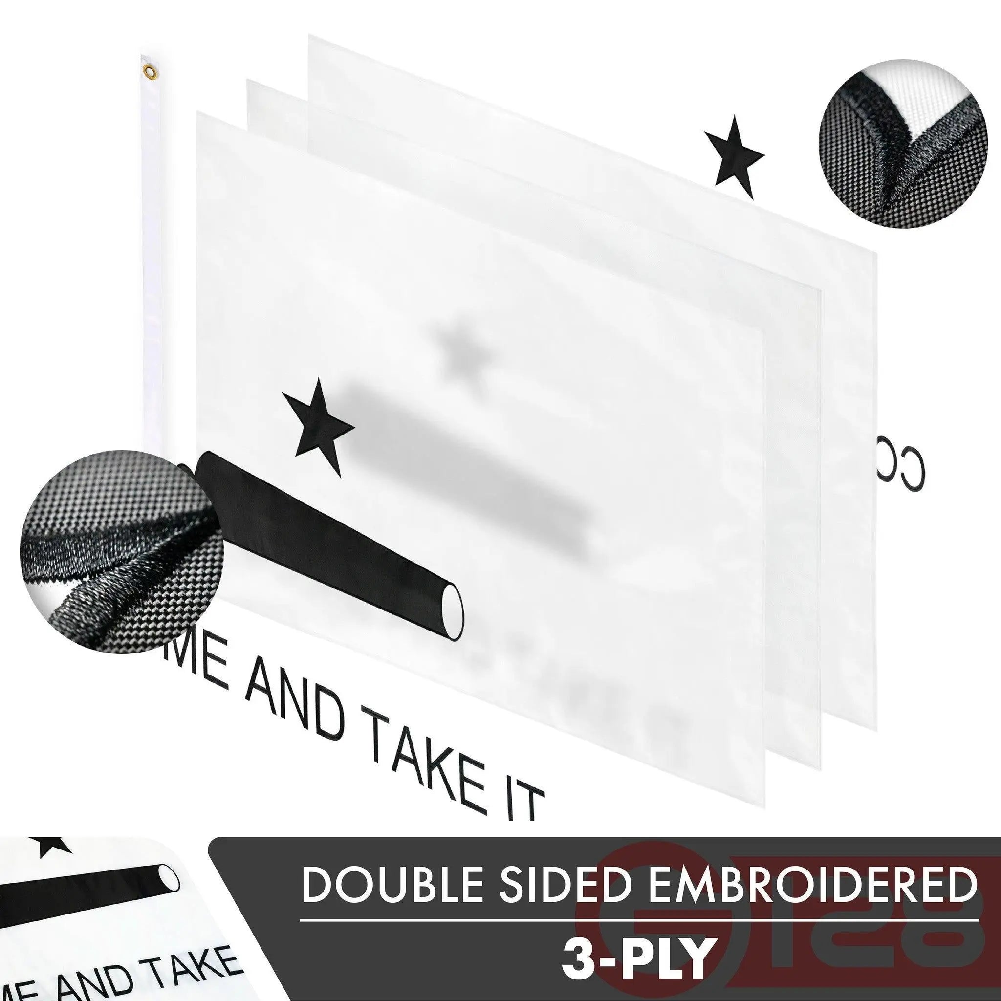 G128 5-Pack: Come and Take It Flag 2x3 FT Double Sided Embroidered 210D Heavy Duty Polyester - Indoor/Outdoor, Vibrant Colors, Brass Grommets, 3-ply G128
