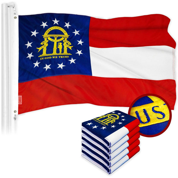 G128 5 Pack: Georgia GA State Flag | 2x3 Ft | ToughWeave Series Embroidered 300D Polyester | Embroidered Design, Indoor/Outdoor, Brass Grommets G128