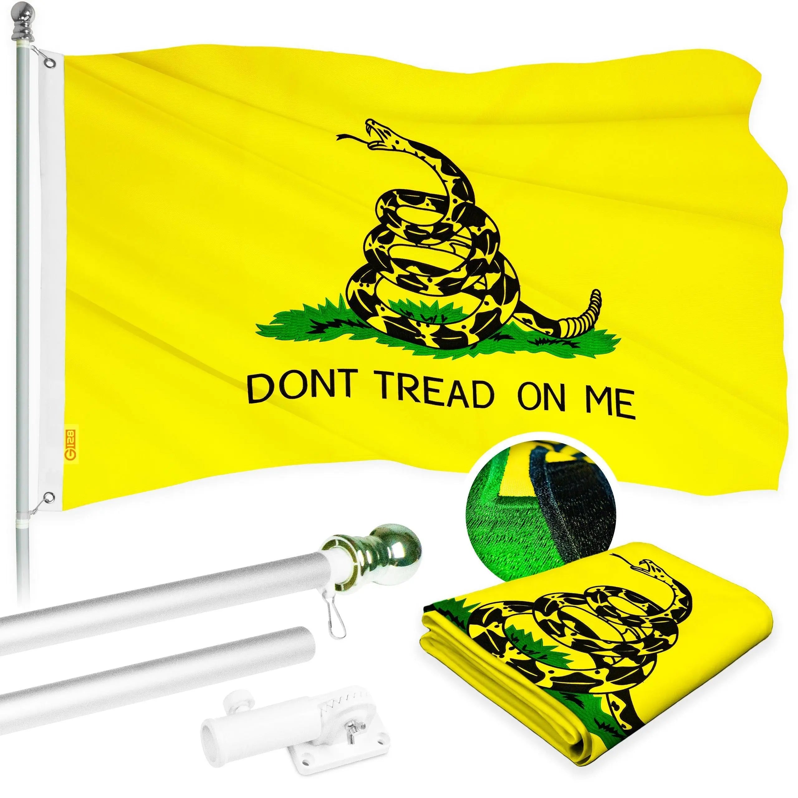 G128 - 6 Feet Tangle Free Spinning Flagpole (Silver) Gadsden Flag Brass Grommets Embroidered 3x5 ft (Flag Included) Aluminum Flag Pole G128