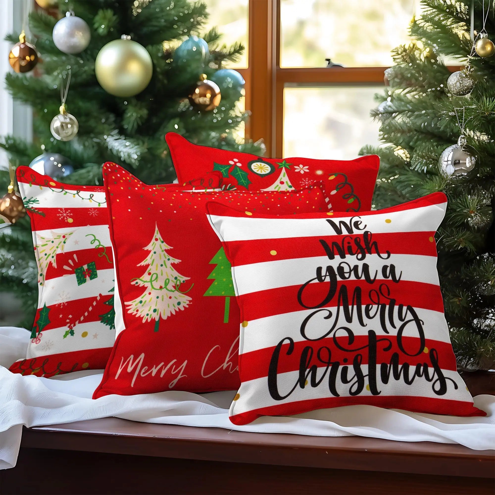 G128 Christmas Decoration Elegant Pine Spruce Waterproof Throw Pillow | 18 x 18 in | Set of 4, Beautiful Cushion Covers for Christmas Sofa Couch Decoration, Pillow Insert Included G128