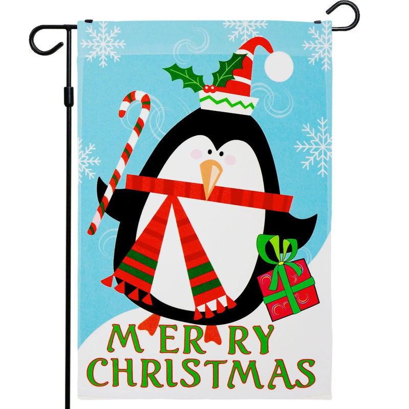 G128 - Christmas Garden Flag, Christmas and Winter Themed Decorations - Merry Christmas Penguin with Candy Cane,  | 12x18 Inch | Printed 150D Polyester - Rustic Holiday Seasonal Outdoor Flag G128