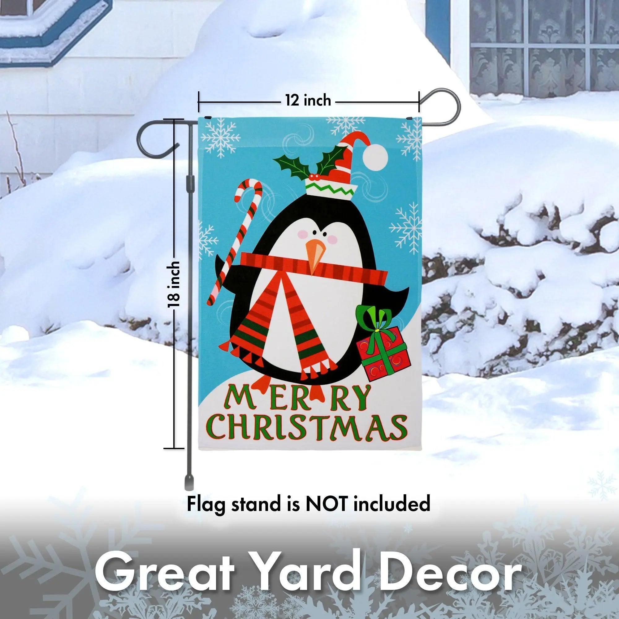 G128 - Christmas Garden Flag, Christmas and Winter Themed Decorations - Merry Christmas Penguin with Candy Cane,  | 12x18 Inch | Printed 150D Polyester - Rustic Holiday Seasonal Outdoor Flag G128